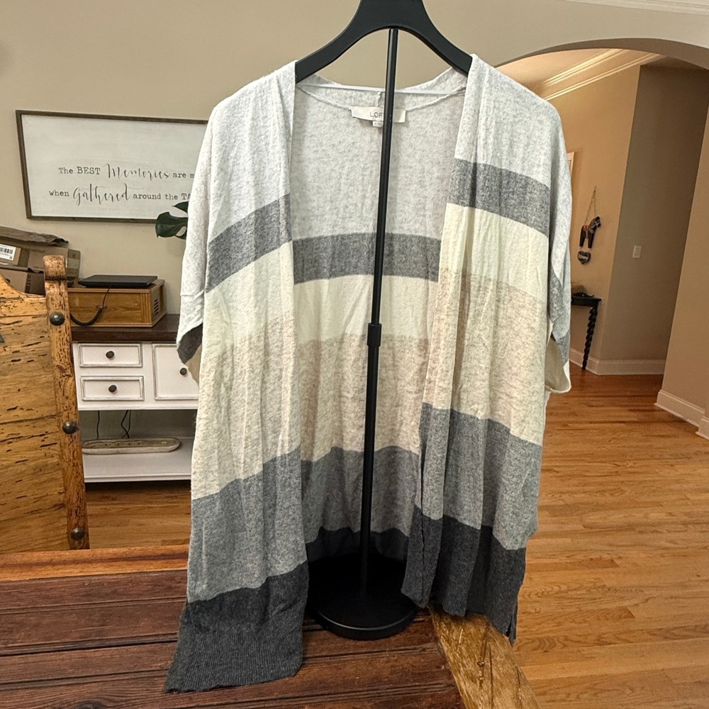 Loft Womens Medium Gray Colorblock Striped Open Front Cardigan Wool Blend